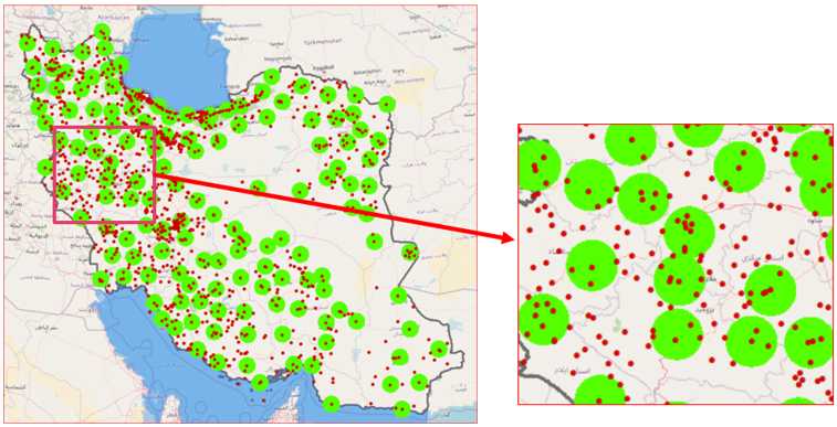 شکل 6: عدم پوشش بسیاری از شهرها و روستاهای کشور توسط سامانه شمیم. دایره سبز رنگ: محدوده شعاع 35 کیلومتری از ایستگاه‌های سامانه شمیم. نقاط قرمز رنگ: مناطق شهری و روستایی کشور